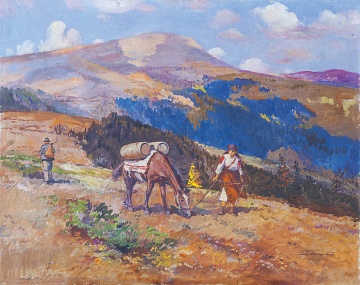 «Пейзаж з гуцулкою, яка веде коня», 1960-ті