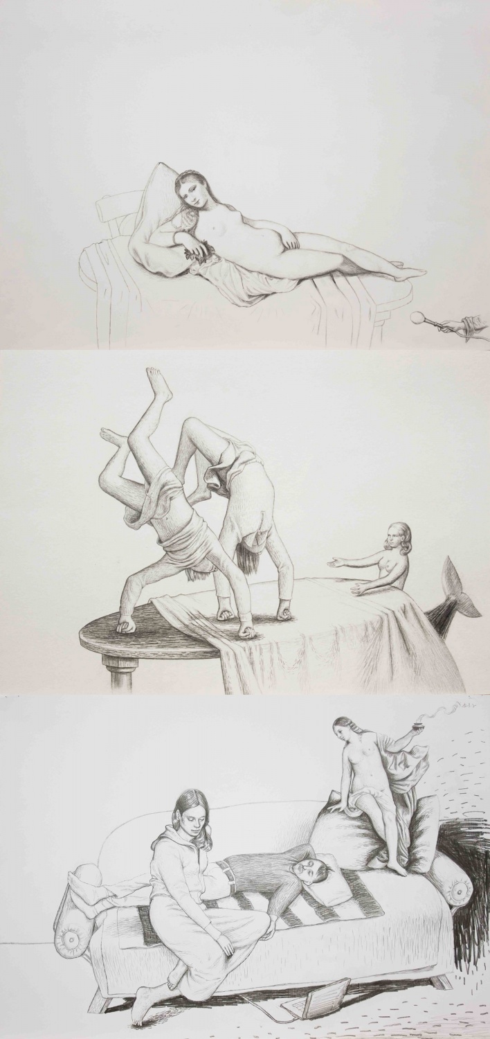 "Акробаты и русалка", "Мадонна на столе", "Любовь небесная и земная", три работы из серии «Пир», 2009