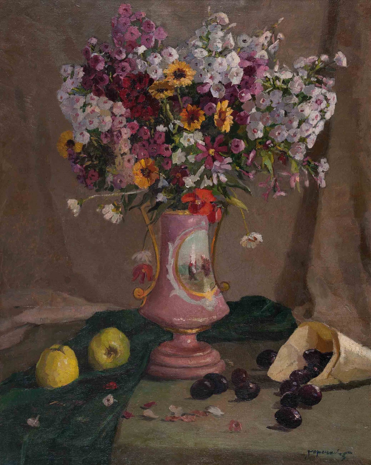 «Натюрморт. Цветы в розовой вазе с яблоками и сливами », 1950-е